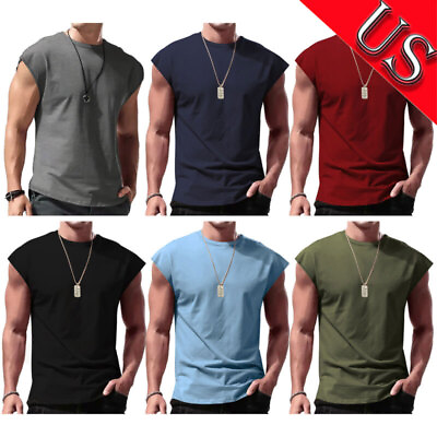 #ad US Mens Sleeveless Muscle Shirts Solid Color Round Neck Workout Tank Tops Shirts $11.62