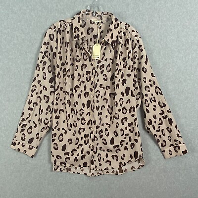 #ad Jodifl Womens Leopard Top Large Tan Brown Button Long Sleeve Shirt NEW $19.99