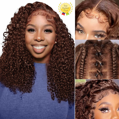 #ad 13x4 Dark Brown Curly Wig Human Hair Chocolate Brown Lace Front wig Pre plucked $235.98