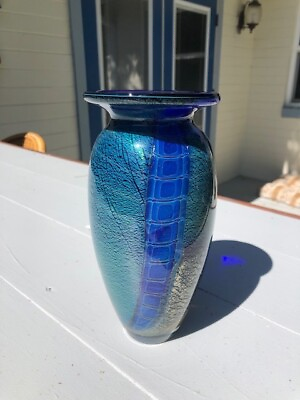 #ad Robert Eickholt Blue Teal Gold Dichroic Art Glass Vase Early 1990#x27;s $130.00