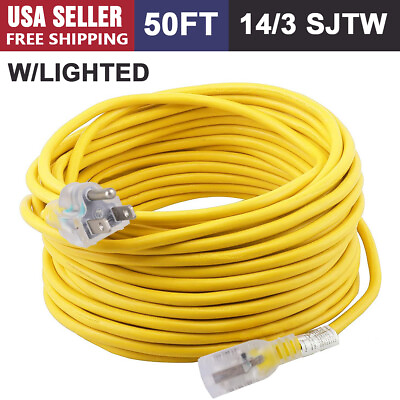 #ad 50 FT Outdoor Extension Cords W LIGHTED ENDS SJTW 14 3 AWG Heavy Duty Yellow $33.33