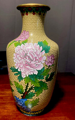 #ad LARGE CHINESE JAPANESE CLOISONNÉ BIRD FLOWERS 16.5 “tall and 9” Widest Part $95.00