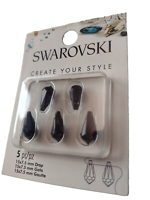 #ad 5pc Swarovski Crystal Jet Black 15x7.5mm Teardrop D.I.Y. Pendant; NEW in Package $7.49