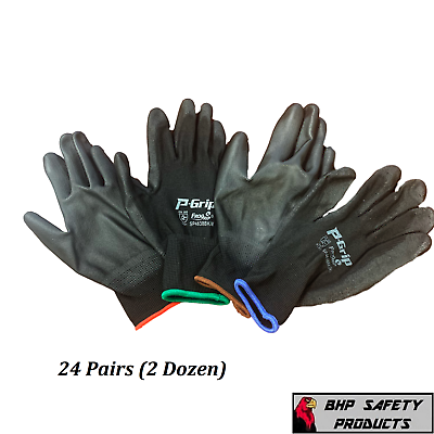 #ad P Grip Ultra Thin Black Work Gloves Polyurethane Palm Coated Nylon Shell 24 Pair $24.50