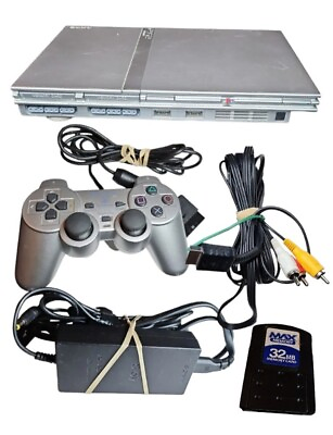 #ad OEM Sony PS2 PlayStation 2 Slim SILVER Console Bundle SCPH 77001 Slimline System $145.00