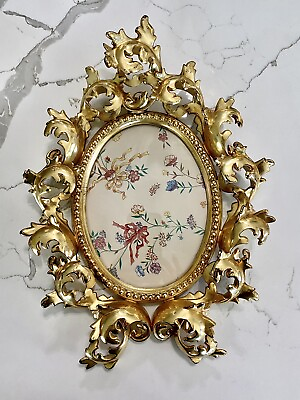 #ad Antique Ornate Oval Rococo Cast Iron in Victorian Gold Gilt Heavy Wall Frame $148.99
