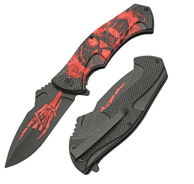 #ad Skull Linerlock Red Folding Knife 4quot; Stainless Steel Blade ABS Handle Assisted $13.29