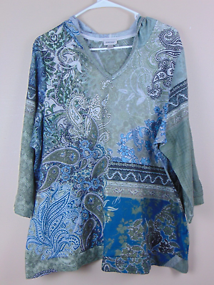 #ad Avenue 22 24 Top Beaded Hoodie V neck Pullover Pockets Paisley Womens Shirt $11.00