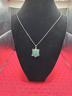 #ad Silver Toned Turquoise Chip Inlay Turtle Pendant On Cable Link Chain 23quot; $40.00