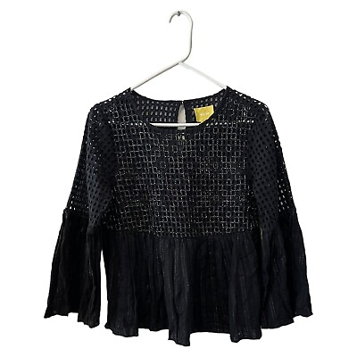 #ad Maeve Anthropologie Peplum Top Size 4 Black Beaded Metallic Lace Bell Sleeve $17.00
