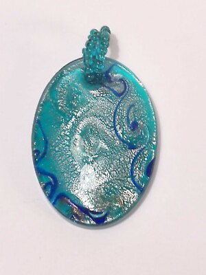 #ad Art Glass Silver Teal Blue Beaded Pendant $8.99