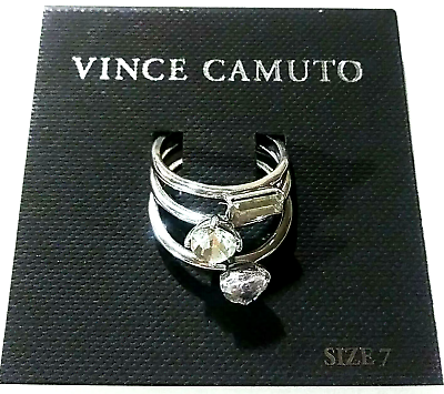 #ad Vince Camuto Crystal Solitaire Ring Set of Three Size 7 Silvertone Stackable NWT $30.79