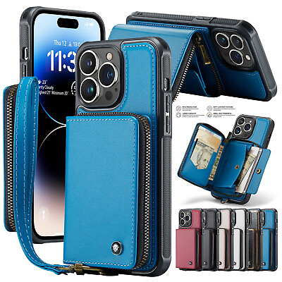 #ad For iPhone 14 Pro Max 14 Plus 13 12 11 Pro Leather Wallet Zipper Case with Strap $15.97