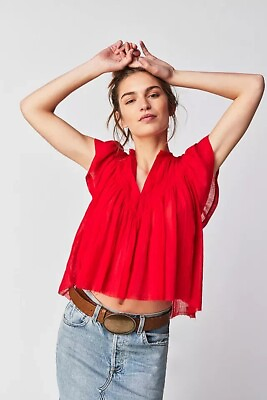 #ad Free People FP One Padma Top Red V Neck Flutter Sleeve Blouse New Small S $128.93