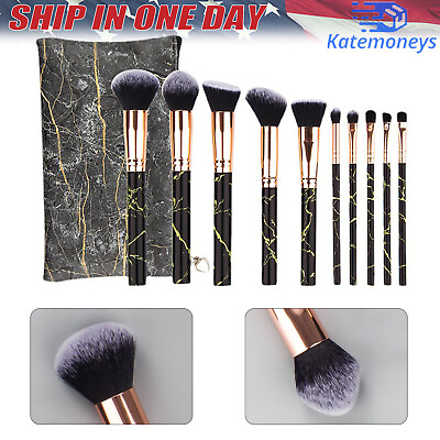 #ad 10PCS Makeup Brush Set Marble Make Up Brushes Foundation Blush Brush With Case $7.59