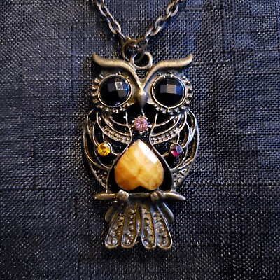#ad Vintage Boho 28quot; Long Owl Necklace Marbled Butterscotch Pink amp; Black Gems $17.28