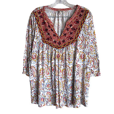#ad Lucky Brand Women#x27;s Boho Blouse Top Plus 3X Paisley Embroidered 3 4 Sleeve $68.77