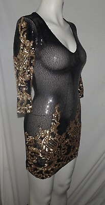 #ad Auditions Sexy Party Gold Sequined Sheer Black Bodycon Mini Dress Sz Small $34.76