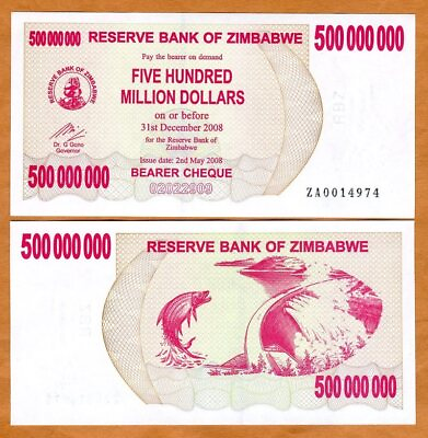 #ad Zimbabwe 500 million 2008 P 60r UNC Scarce ZA Replacement $19.93
