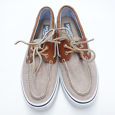 #ad Sperry Top Sider Bahama STS 10642 Boat Shoes Men#x27;s 9M Tan White Chambray Lace Up $26.99