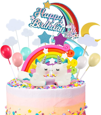 #ad 21Pcs Unicorn Cake Topper Kit Cloud Rainbow Balloon Happy Birthday Banner Cak... $17.99