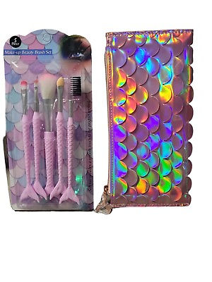 #ad NEW Makeup Brushes amp; Cosmetic Bag Set MERMAID Theme In Pink 6 Pc Set $9.09