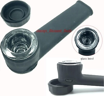#ad Silicone PIPE Flexible Handheld Tobacco Smoking with Glass Bowl amp; Cap Lid Black $6.99
