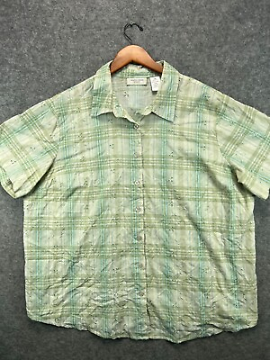 #ad Lemon Grass Shirt Women 3X Green Plaid Button Up Top Short Sleeve Ladies 1 $13.99