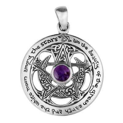 #ad Sterling Silver Cut Out Moon Pentacle Pendant Amethyst Wiccan Witch Pentagram $54.99