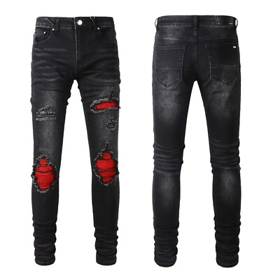 #ad Mens Knee Hole Ripped Red Pleated Patchwork Skinny Fit Black Stretch Denim Jeans $58.48