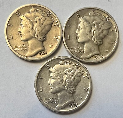 #ad 1931 S 1939 D 1943 D SET OF 3 MERCURY DIMES COINS SAME AS SHOWN IN PHOTO #35 $19.99