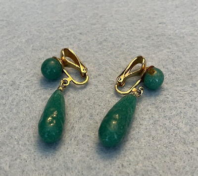 #ad Beautiful Carved Jade Glass Tear Drop Goldtone Push Back Earrings $29.00