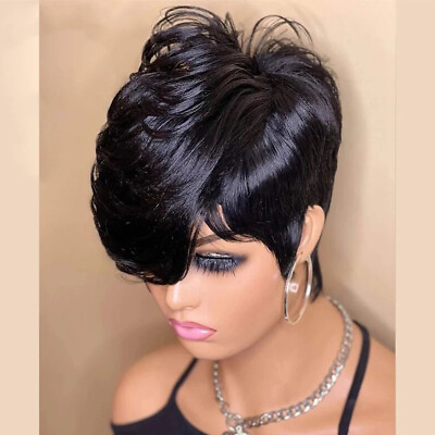 #ad Pixie Cut Black Wigs with Bangs Glueless Wigs Natural Human Hair Wigs For Women $19.52