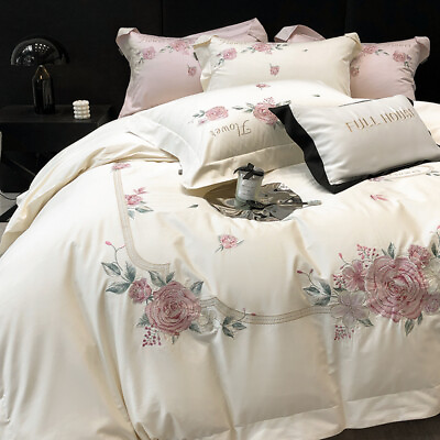 #ad Bedding Set 4pcs Silky Cotton Embroidery Duvet Cover Flat Sheet Set Blooming $178.60
