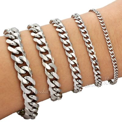 #ad Men#x27;s Chain 3 5 7 9 11mm Stainless Steel Bracelet Silver Curb Cuban Link 7 11quot; $7.59