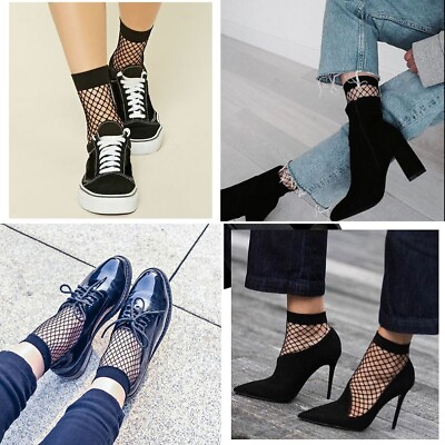 #ad Fishnet Black Ankle Socks Womens One Size OS Hosiery $9.95