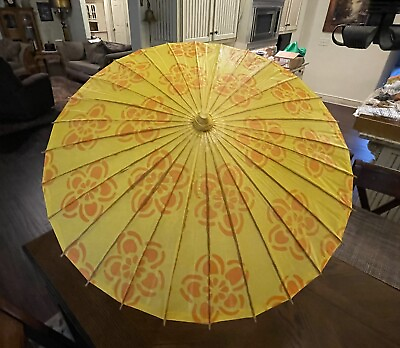 #ad Vtg Large 32quot; Oriental Floral Umbrella Yellow Paper Wooden Handle Ladies Parasol $28.00