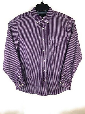 #ad NAUTICA Men#x27;s Long Sleeve Purple Blue Strip Shirt Cotton Large Casual A60 $3.75