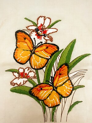 #ad Vintage Crewel Needlepoint Butterfly Floral Cottage Unframed 10quot;x12.5quot; $36.00