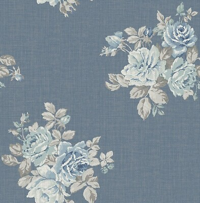 #ad Wallpaper Blue White Gray Floral Bouquet on Blue Shiny Gold Faux 56 sq ft bolt $47.99
