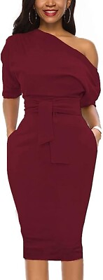 #ad Nature Comfy Elegant Womens Wear to Work Casual one Shoulder Belted Pencil Dress $32.99
