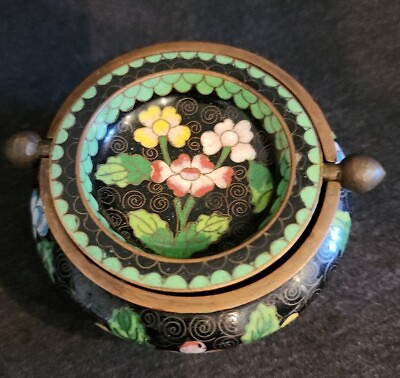 #ad Antique Vintage Chinese cloisonne two piece ashtray incense holder $65.00