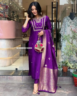#ad Purple Embroidery Work Straight Kurta Pant Dupatta Set Women Salwar Kameez Dress $32.58