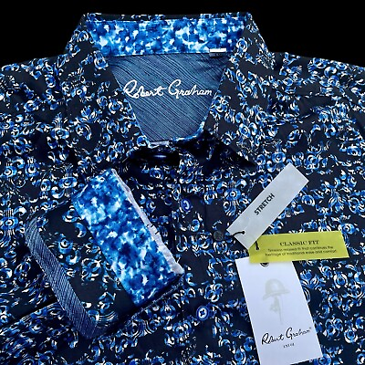 #ad Robert Graham Merano Damask Print Stretch Long Sleeve Shirt Navy Size 2XL $198 $79.99