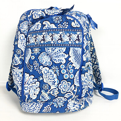 #ad Vera Bradley Campus Backpack Cotton Royal Blue White Floral Paisley Laptop $53.39