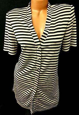 #ad Pride amp; joy beige black striped shoulder short sleeve button down knit top 1X $14.99