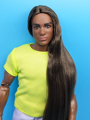 #ad OOAK Custom Reroot Barbie Signature Looks Doll 25 Black Ken Long Dark Brown Hair $125.00
