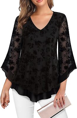 #ad Lotusmile Womens Dressy Blouse Double Layers Mesh Shirt Ruffle 3 4 Flared Sleeve $68.84