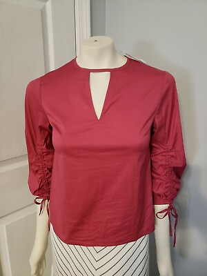 #ad Express Pink 3 4 Sleeve Tie Scrunch V neck Button Back NWT Blouse Size XS $16.99