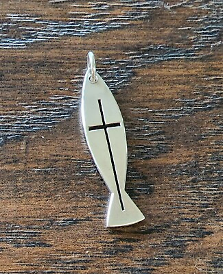 #ad Retired James Avery Cut Out Cross Center Ichthus Fish Long Pendant Neat Piece $209.25